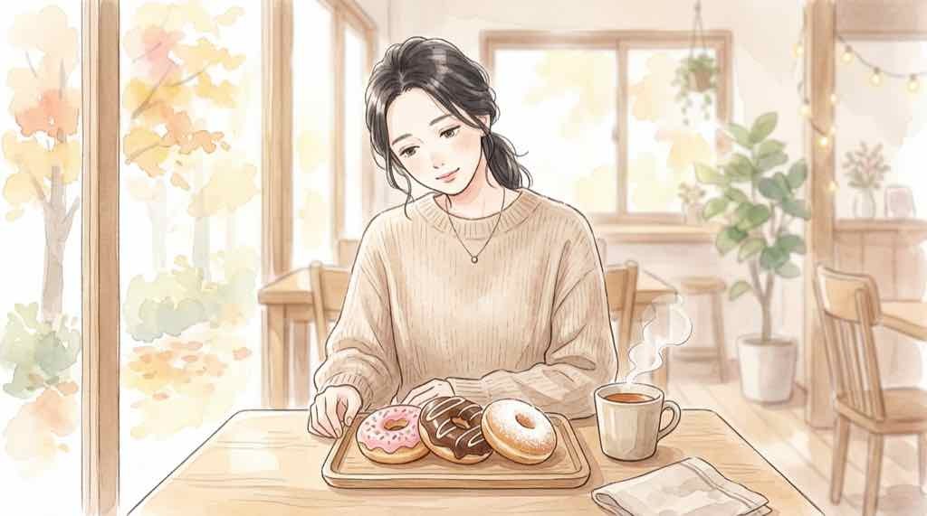 ポンデショコラ3種の商品を比較しながらどれにするか考える女性のイラスト