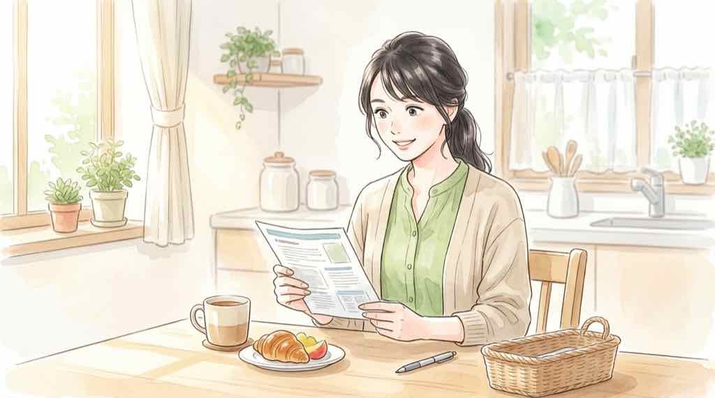 キッチンテーブルで新商品のパンフレットを読みながら驚く女性