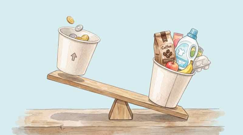 給料が上がっても苦しい理由を家計簿とレシートで見直す女性のイラスト