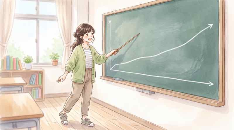 戦後最長は景気拡大の長さの話と黒板で説明するイラスト、右肩上がりのゆるい線グラフ