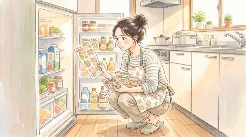 給料が上がっても苦しい家計、値上げした食品とレシートを前に考え込む女性のイラスト