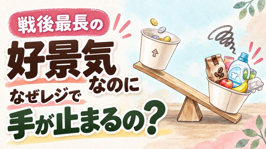 給料が上がっても苦しい理由を家計簿とレシートで見直す女性のイラスト