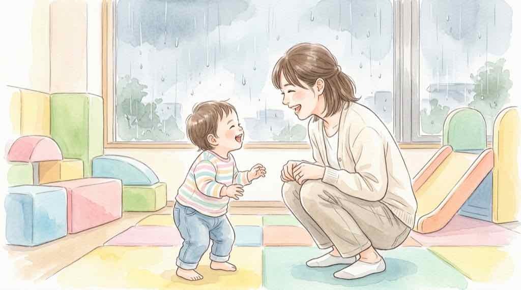 子連れシルバーウィーク大雨お出かけの疑問に答えるちこのイラスト
