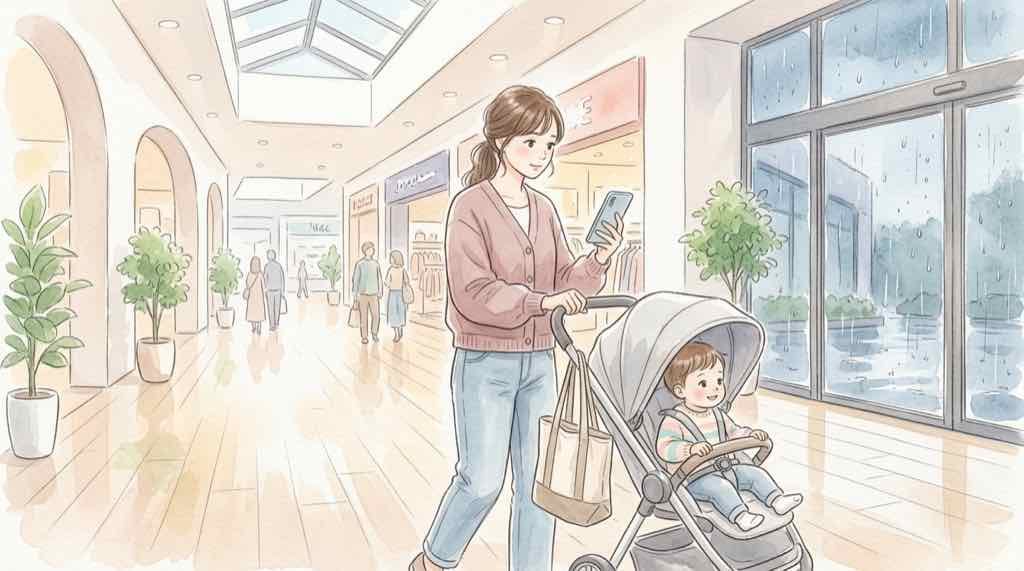子連れで屋内施設のお出かけ先を検討する母親のイラスト