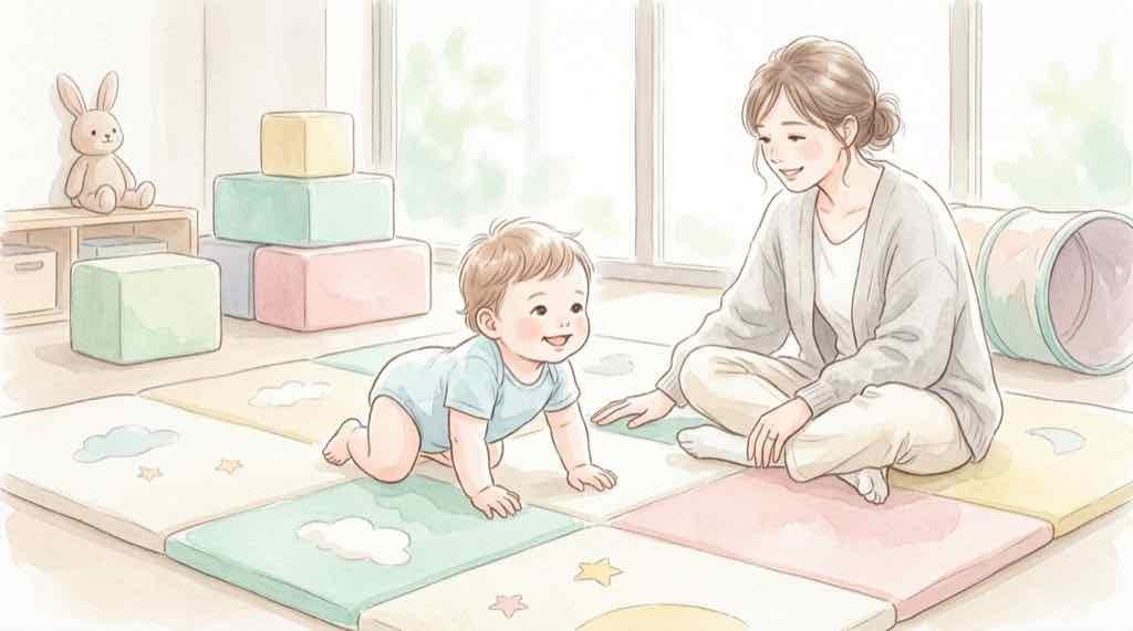 0歳から3歳の乳幼児が屋内施設で遊ぶイラスト