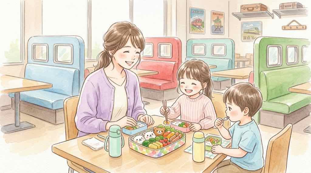 雨の日の子連れランチ対策を考える母親のイラスト