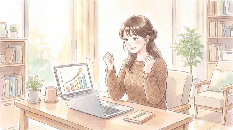 楽天ROOM クリック数の確認方法をレポート画面で調べる女性