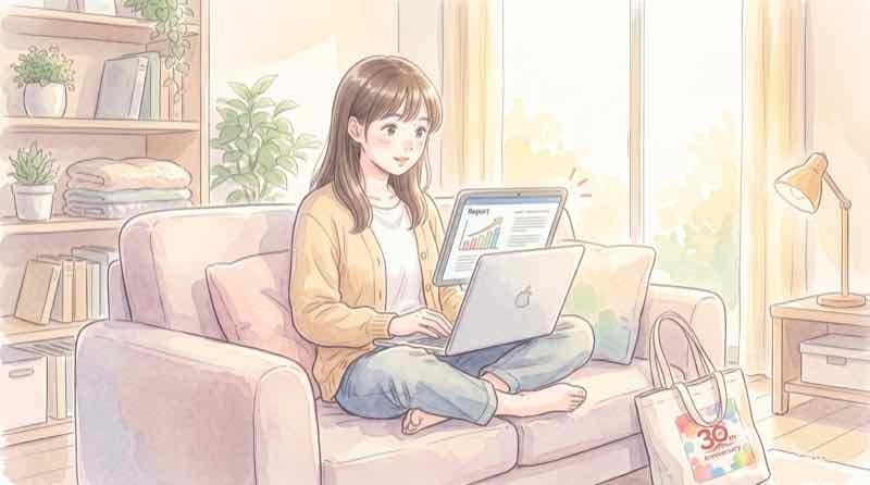 楽天ROOM クリック数の確認画面を開いて操作する女性