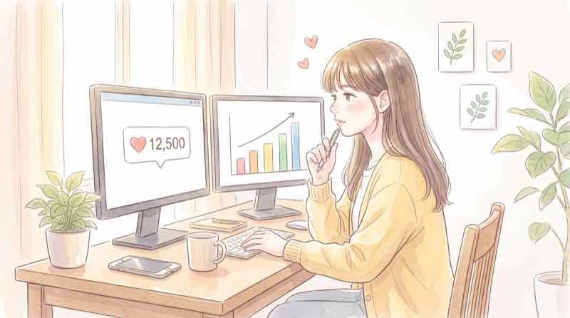 楽天ROOM いいねの数とクリック数の違いを見比べる女性