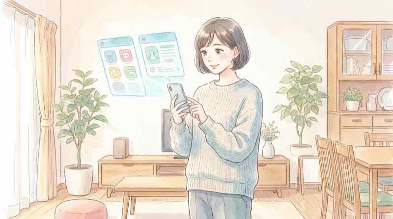楽天ROOM おすすめフィードをスマホで確認して驚く女性のイラスト