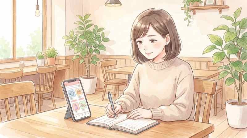 楽天ROOMのおすすめ掲載条件をノートに書き出して整理する女性