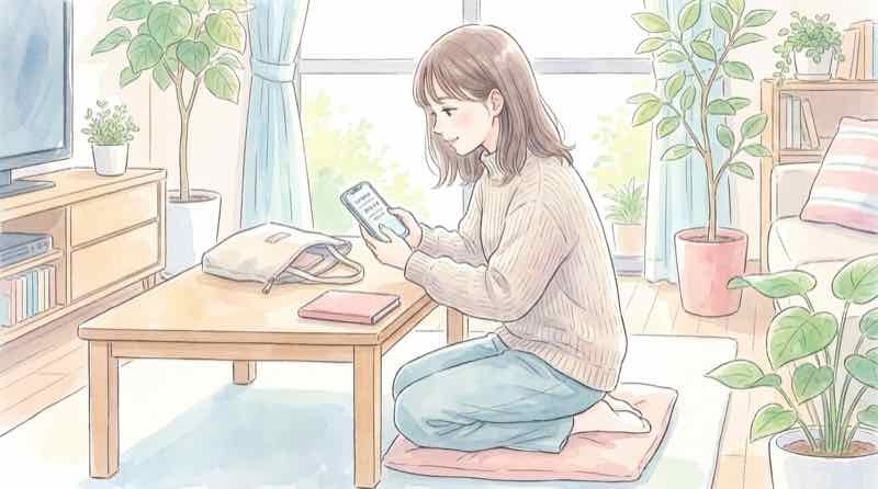 楽天ROOMの投稿文を見直して書き直す女性の手元