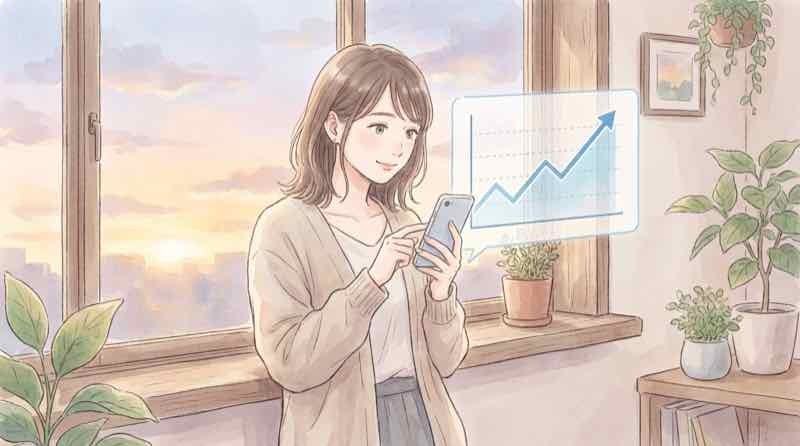 楽天ROOMのいいね数の推移をグラフのように見比べる女性