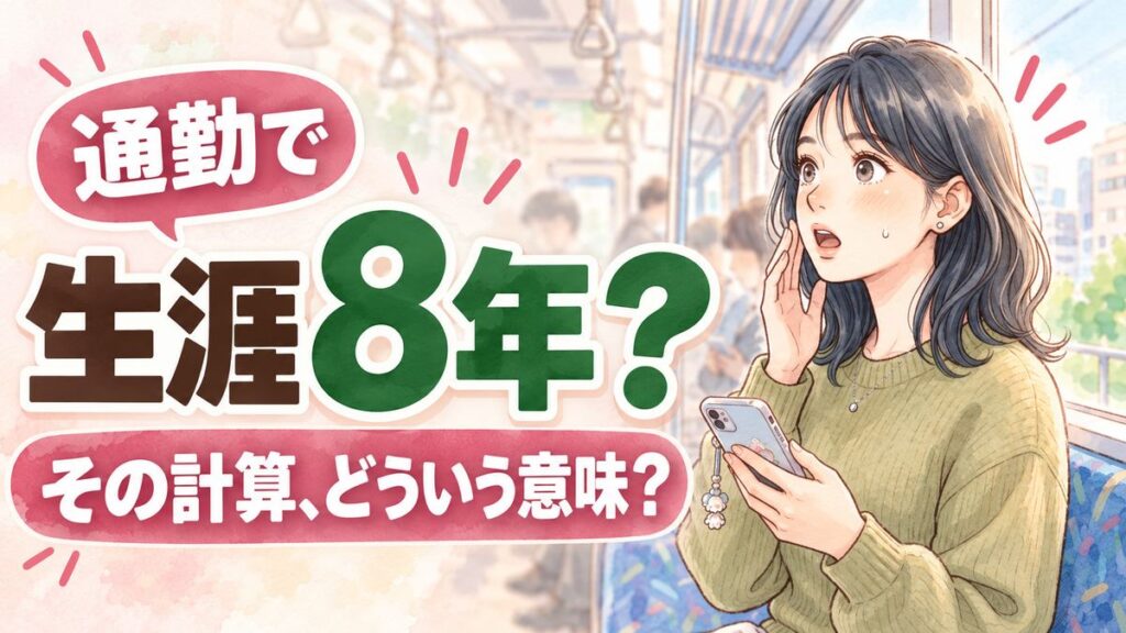 神奈川県 通勤時間 生涯8年の意味を解説する女性のイラスト