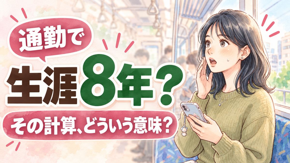 神奈川県 通勤時間 生涯8年の意味を解説する女性のイラスト