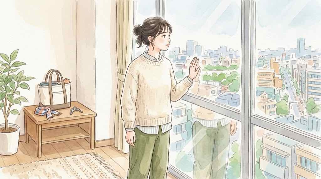 出社回帰なぜ今増える?働き方を考えて窓の外を眺める20代女性の水彩イラスト