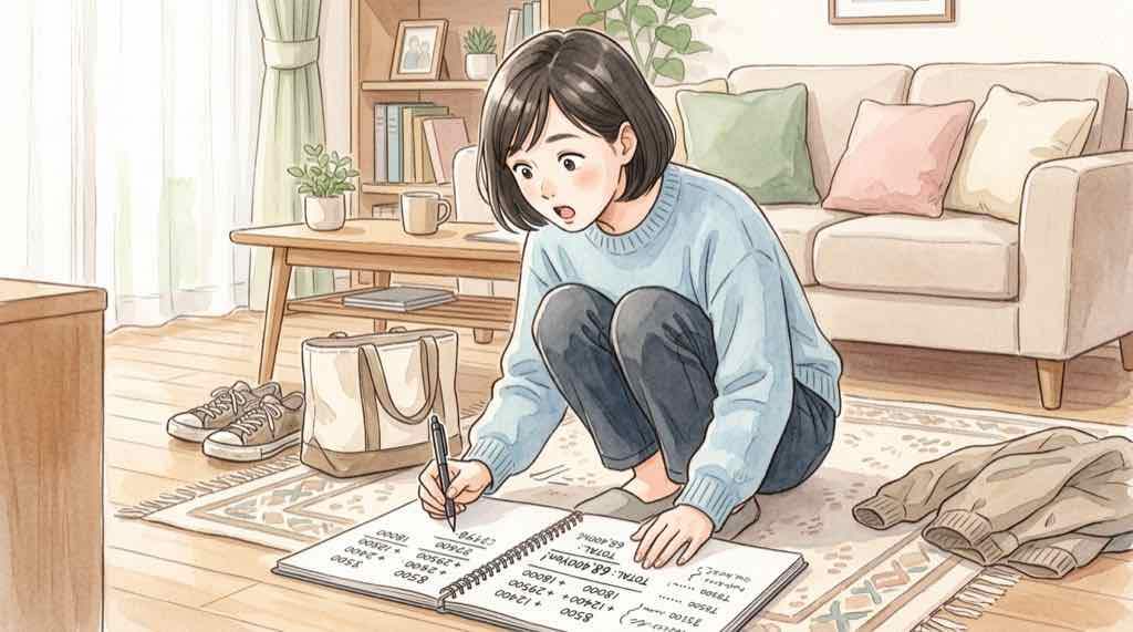 家計メモを広げて出社コストを計算する女性の水彩イラスト