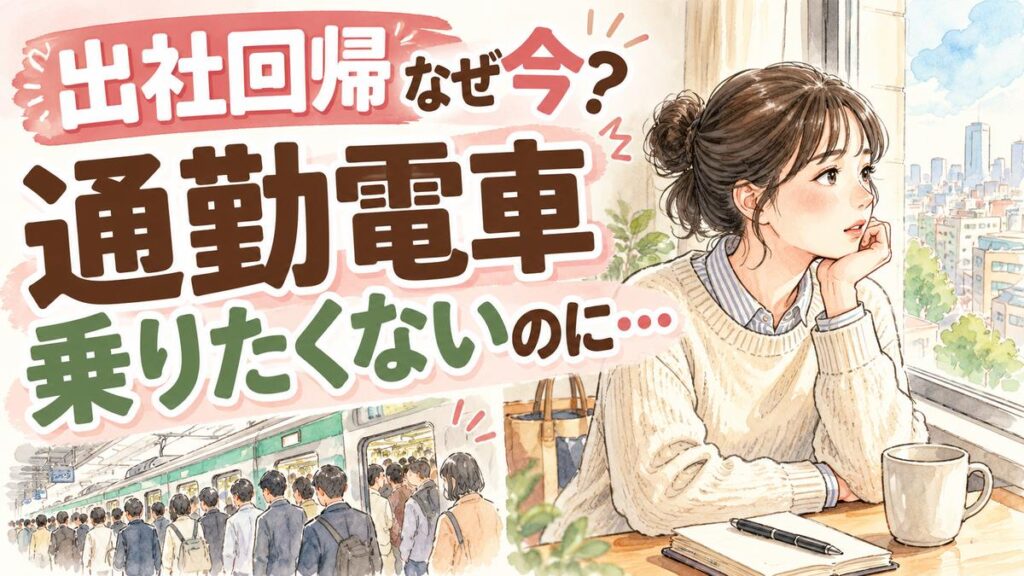 出社回帰なぜ今増える?働き方を考えて窓の外を眺める20代女性の水彩イラスト