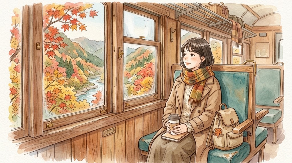 嵯峨野トロッコ紅葉2026・現行車両で最後の秋の京都を旅する女性のイラスト