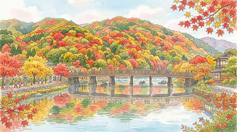 嵐山の紅葉2026・11月の見頃を迎えた渡月橋と色鮮やかな紅葉の山並み