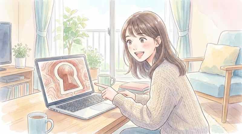赤色立体地図 古墳発見をパソコン画面で確認する様子のイラスト