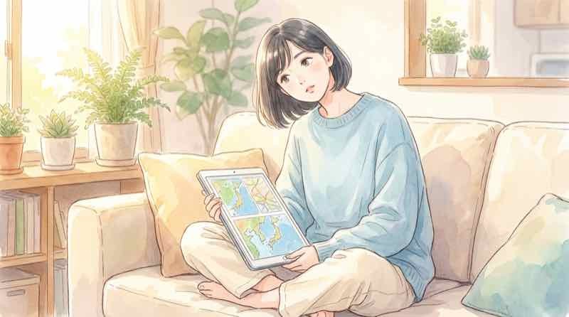 赤色立体地図 古墳発見のニュースに驚く女性のイラスト