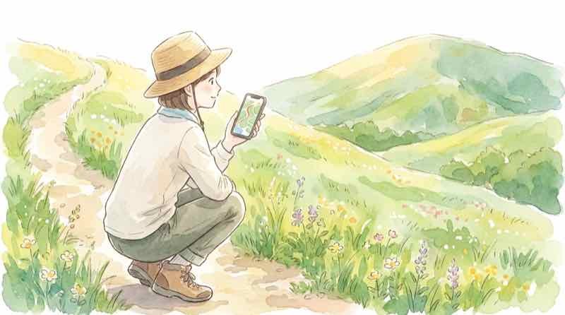 全国Q地図で古墳 探し方をスマホで試す様子のイラスト