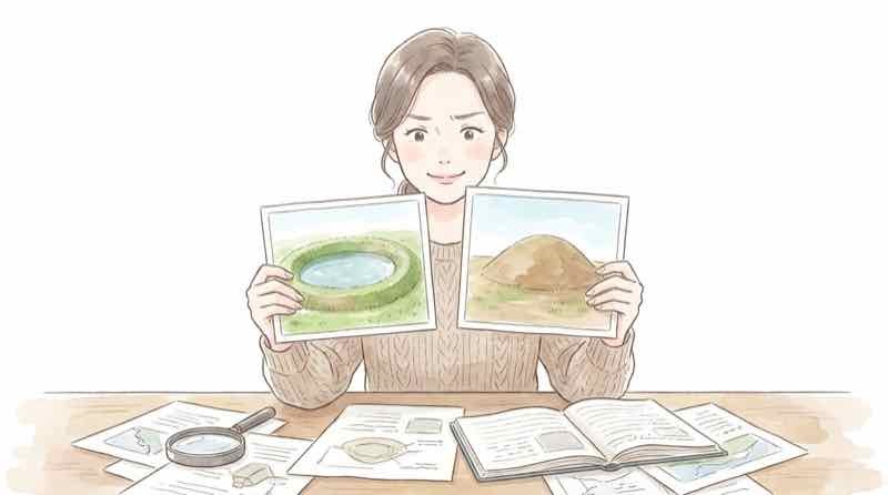 古墳 見つけたら注意すべき似た地形を見比べるイラスト