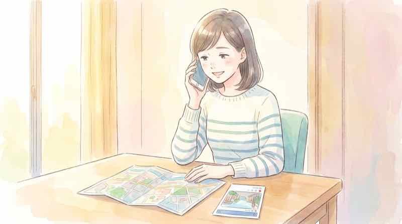 古墳発見 連絡先の教育委員会に問い合わせるイラスト