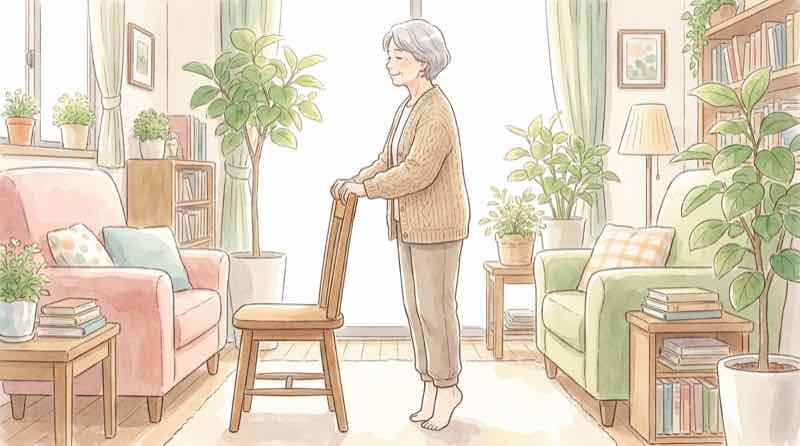 高齢者向けの自宅筋トレで椅子や壁につかまりかかと上げをする様子
