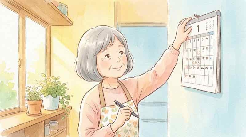 筋トレは週2〜3日でよい理由を考えカレンダーに予定を書く高齢女性