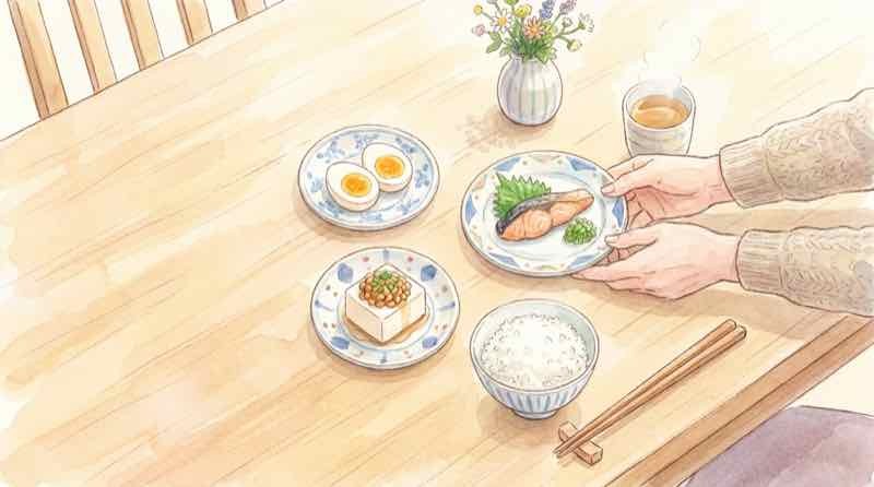筋肉を育てる食事として3食に分けてたんぱく質をとる高齢者の食卓