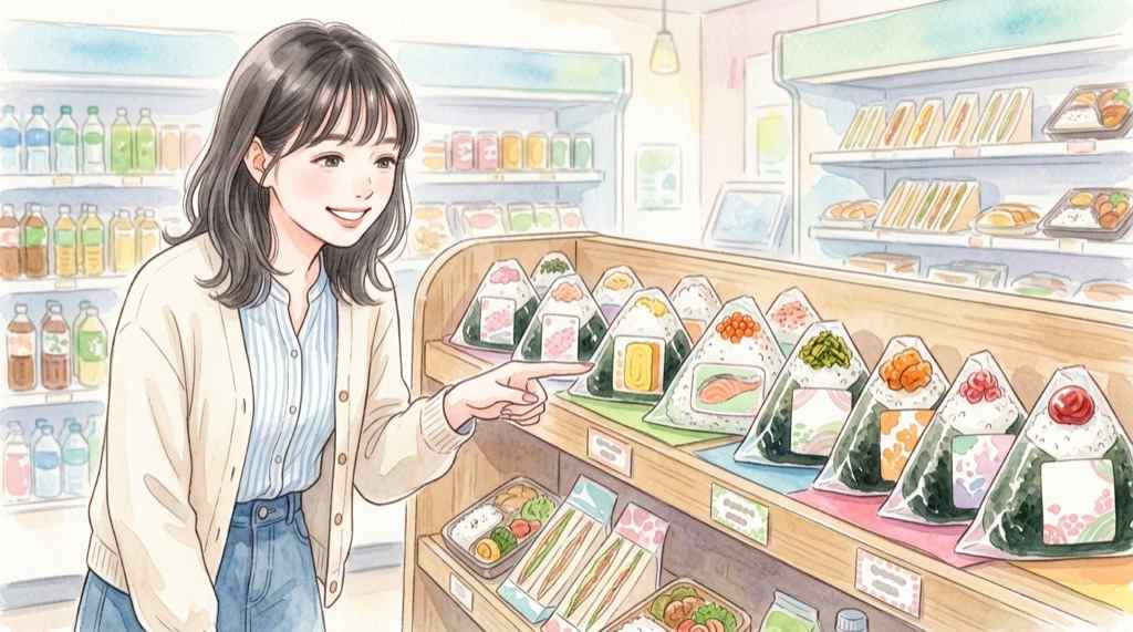セブンイレブンおにぎりジャストプライスセール対象商品一覧表を確認する女性