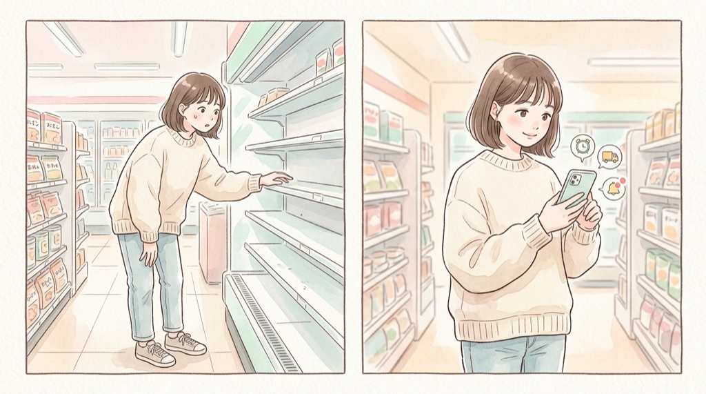 セブンイレブンアプリを確認せずそのままレジへ向かう女性のイラスト