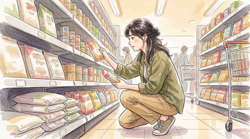 食料品 消費税 1％ 対象商品を早見表で確認するスーパーの棚