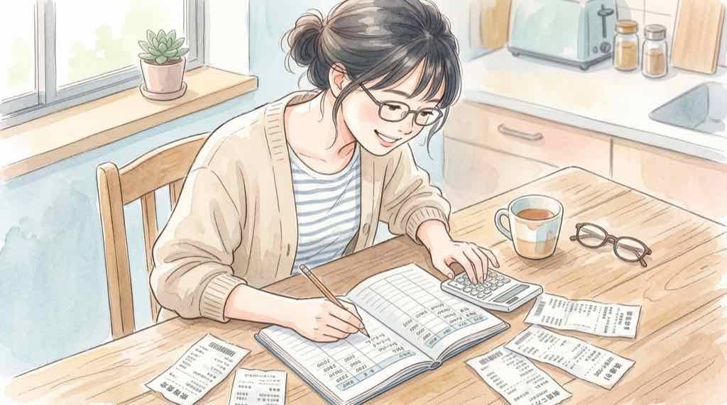 食料品 消費税 1％ いくら安くなるか家計簿を見ながら計算する様子