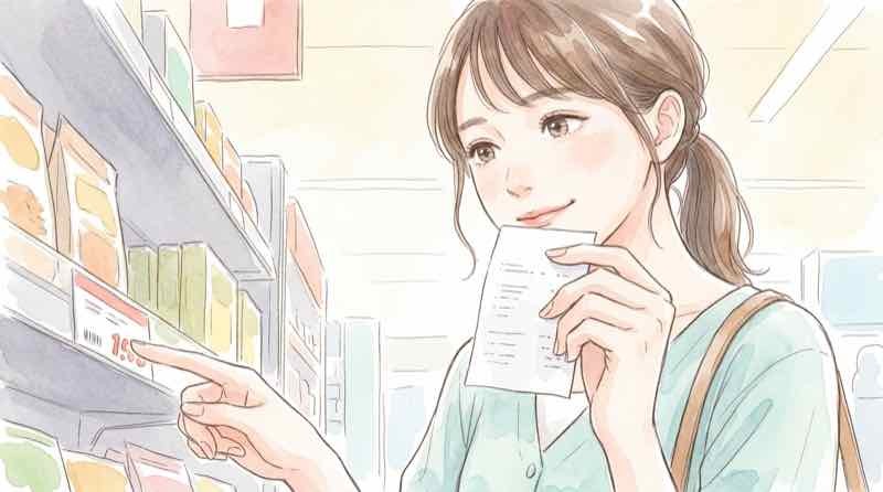 レジで消費税1％の値札を確認する買い物客