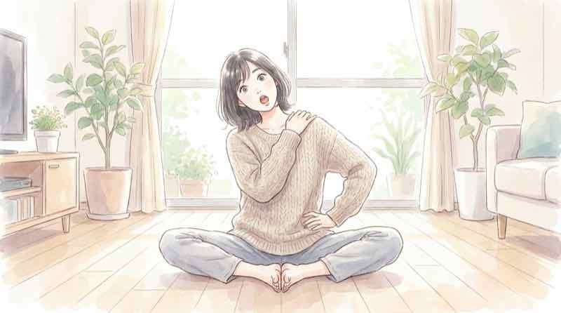 トリセツショー 肩 あぐらストレッチのやり方と注意点を確認する女性のイラスト