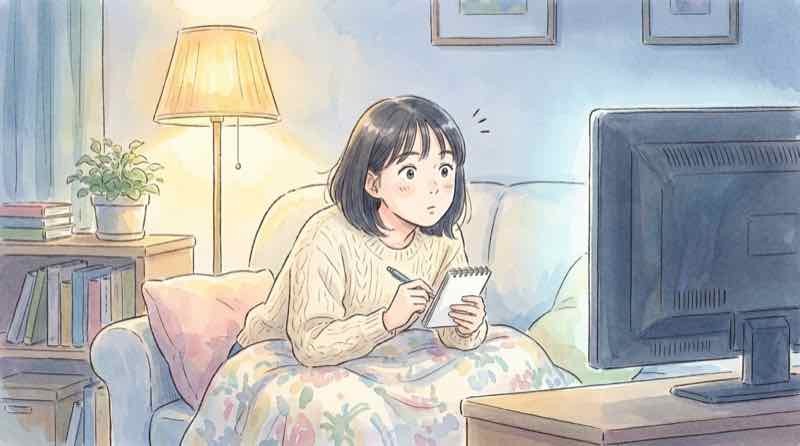 トリセツショーの肩の健康法を紹介するテレビを見ながらメモを取る女性のイラスト