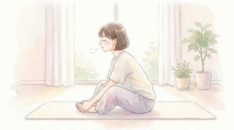 あぐらストレッチのやり方を実践して股関節をゆっくり伸ばす女性のイラスト