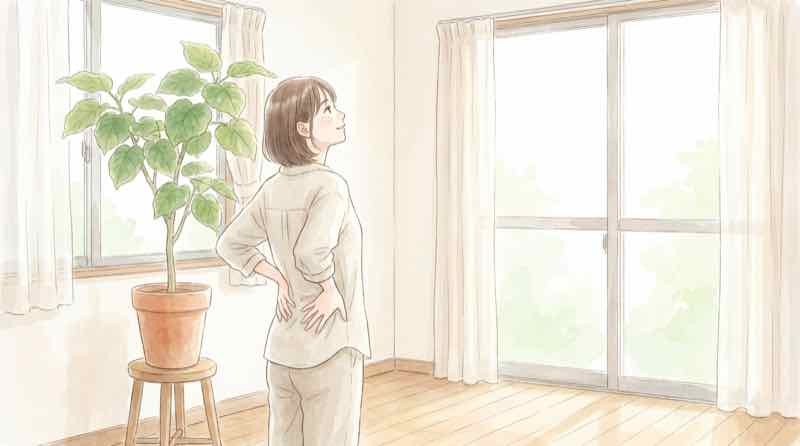 股関節から骨盤・背骨・肩甲骨へつながる体の連動を考える女性のイラスト