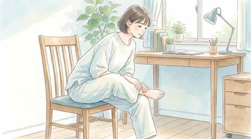 椅子に座って4の字ストレッチをして股関節をゆるめる女性のイラスト