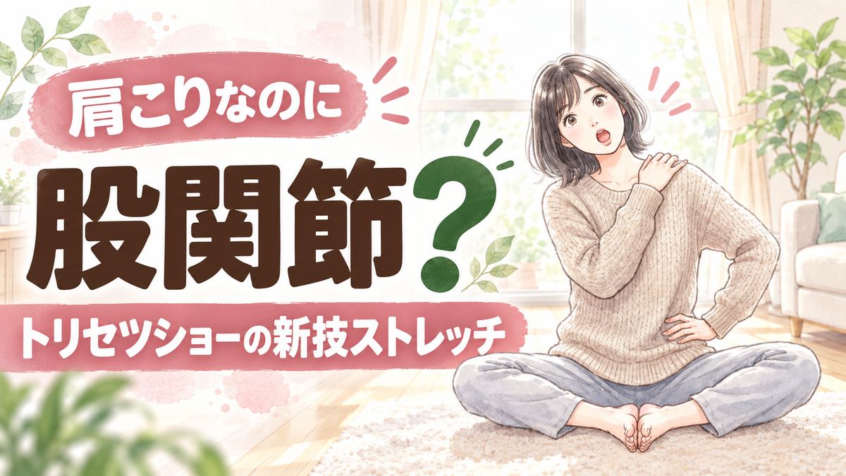 トリセツショー 肩 あぐらストレッチのやり方と注意点を確認する女性のイラスト