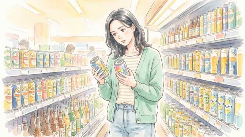 酒税改正2026でビール系飲料の税額が変わる様子を示す買い物シーン