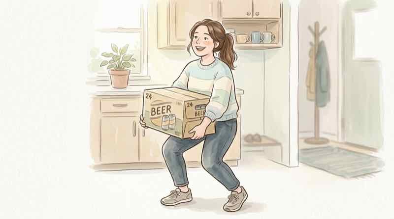 24缶ケースのビールを持ち上げて価格差を確認する様子