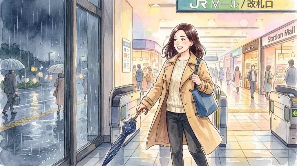 シルバーウィーク2026大雨お出かけの疑問に答えるちこのイラスト