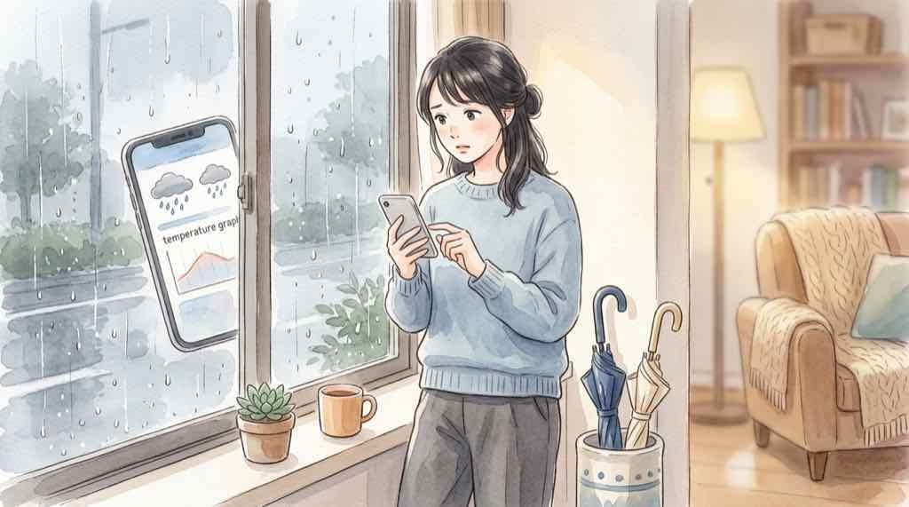 シルバーウィーク2026大雨予報を確認する女性のイラスト