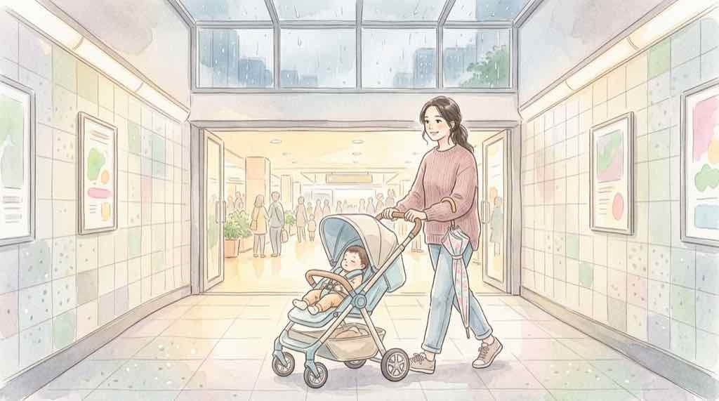 雨の日お出かけで駅から濡れずに移動する親子のイラスト