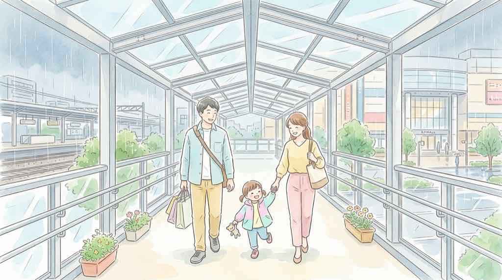 首都圏近郊の駅直結ショッピングモールで過ごす家族のイラスト
