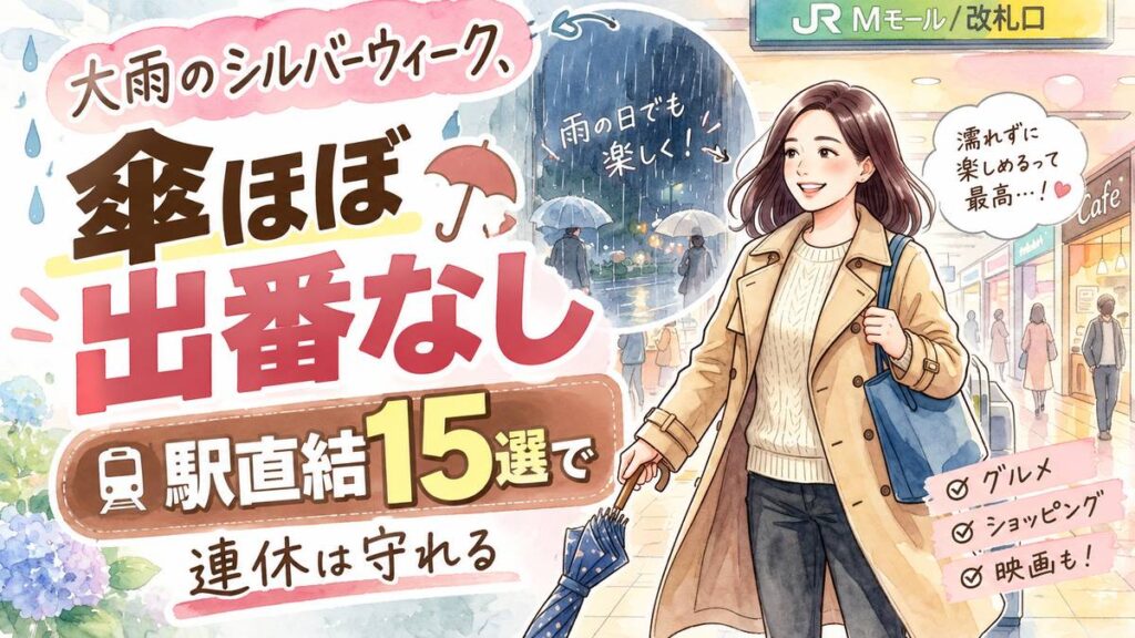 シルバーウィーク2026大雨お出かけの疑問に答えるちこのイラスト